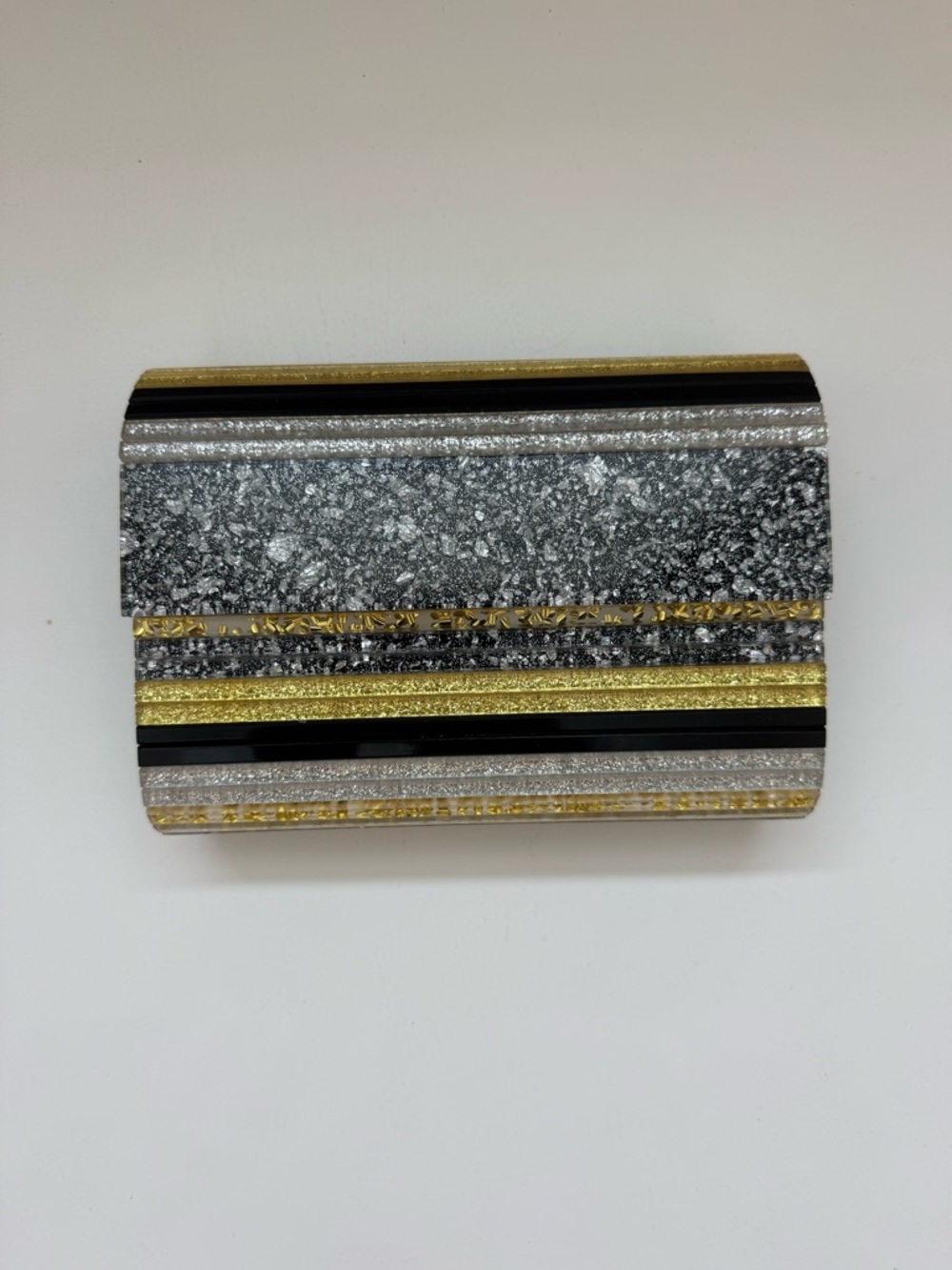 Olga Berg Striped Metallic Clutch in Silver, Gold & Black
